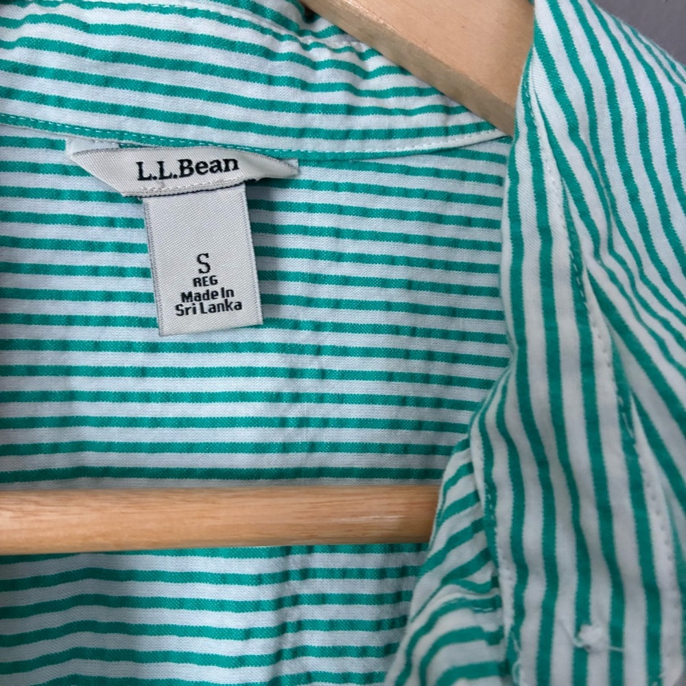 L.L. Bean Seersucker Button down Shirt | Cotton Preppy Green Striped OldMoney - Picture 4 of 9